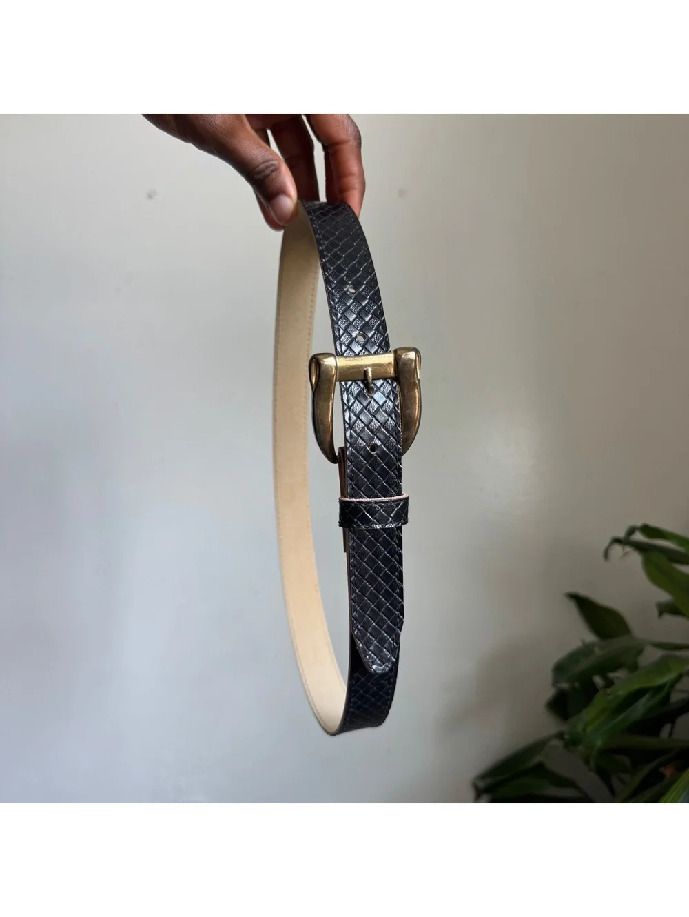 Vintage 90s Black Basketweave Belt with Chunky Gold Buckle Fits S-M